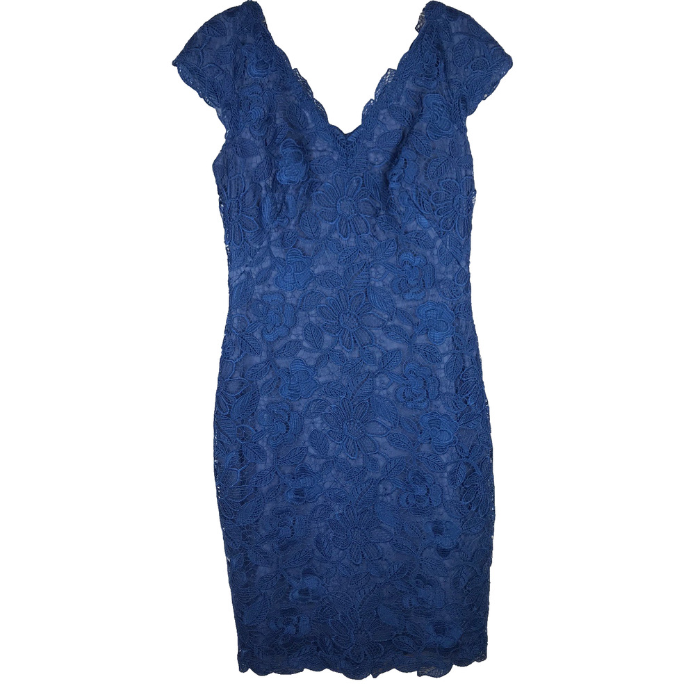 Tadashi Shoji Floral Lace Sheath Dress Sleeveless V-Neck Royal Blue Lined Size 6
